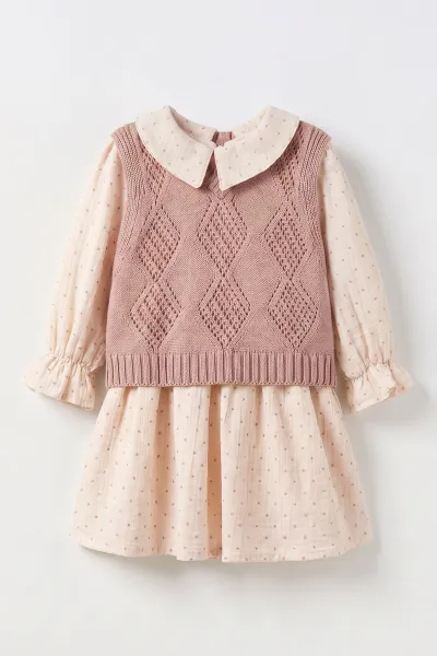 Pembe (1-5 Yaş) Puantiye Desen Müslin Elbiseli Triko Süveterli Kız Çocuk Elbiseli Takım 501063