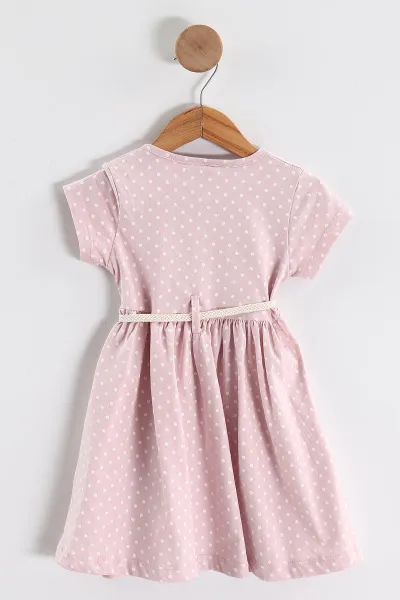 Pembe (1-5 Yaş) Puantiye Desenli Kemerli Kız Çocuk Penye Elbise 438989