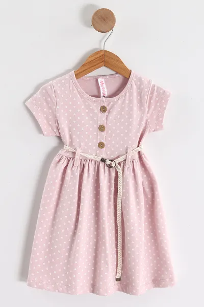 Pembe (1-5 Yaş) Puantiye Desenli Kemerli Kız Çocuk Penye Elbise 438989