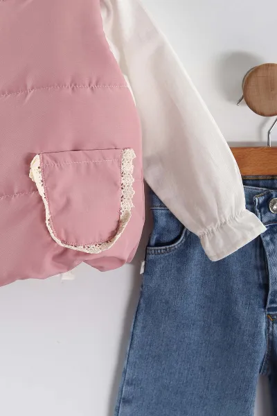 Pembe (1-5 Yaş) Şişme Cep Detaylı Kot Pantolonlu Kız Çocuk 3'lü Takım 442772