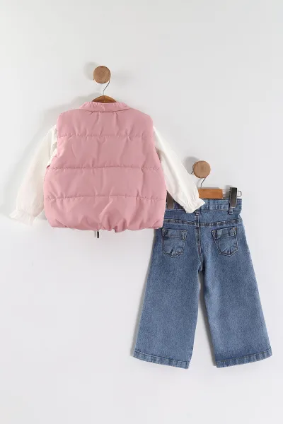 Pembe (1-5 Yaş) Şişme Cep Detaylı Kot Pantolonlu Kız Çocuk 3'lü Takım 442772