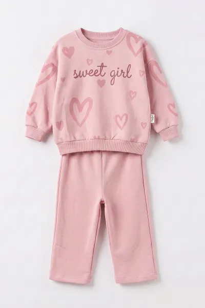 Pembe (1-5 Yaş) Sweet Girl Baskılı 3 İp Şardonlu Kız Çocuk Kışlık Takım 499768