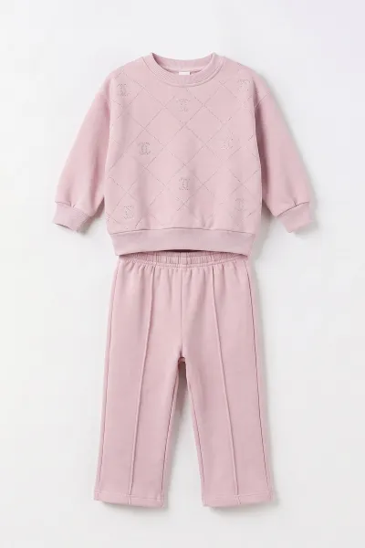 Pembe (1-5 Yaş) Taş Baskılı  Alt Çimalı 3 İp Şardonlu Kız Çocuk Kışlık Takım 499009