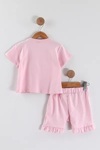 Pembe (1-5 Yaş) Taş Baskılı Fiyonklu ve Şortlu Penye Kız Çocuk Yazlık Takım 454793