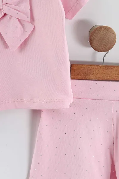 Pembe (1-5 Yaş) Taş Baskılı Fiyonklu ve Şortlu Penye Kız Çocuk Yazlık Takım 454793