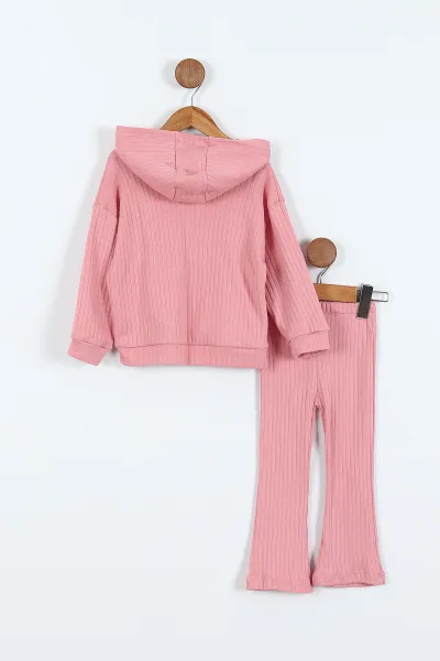 Pembe (1-5 Yaş) Taş Baskılı Kapüşoblu Raporlu İspanyol Paça Kız Çocuk 2'li Takım 418446