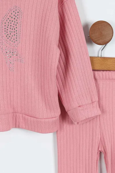 Pembe (1-5 Yaş) Taş Baskılı Kapüşoblu Raporlu İspanyol Paça Kız Çocuk 2'li Takım 418446
