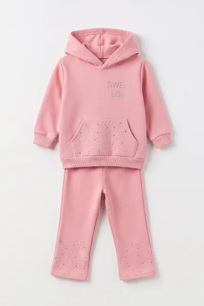 Pembe (1-5 Yaş) Taş Baskılı Kapüşonlu 3 İp Şardonlu Kız Çocuk Kışlık Takım 495803
