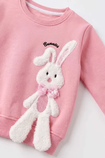 Pembe (1-5 Yaş) Tavşan Nakışlı 3 İp Şardonlu Kız Çocuk Kışlık Takım 498059