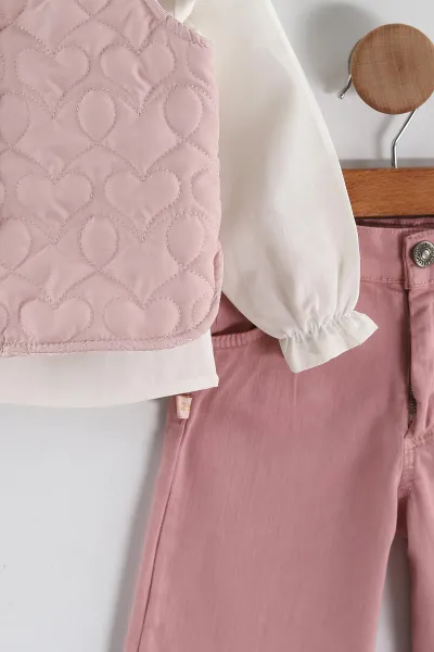 Pembe (1-5 Yaş) Yakası Kalp Nakışlı Müslin Gömlekli Kapitone Yelekli Kız Çocuk 3'lü Takım 444108