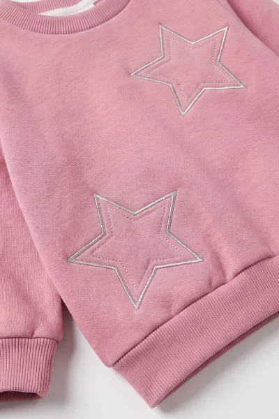 Pembe (1-5 Yaş) Yıldız Nakışlı Alt Taş Baskılı 3 İp Şardonlu Kız Çocuk Kışlık Takım 500820