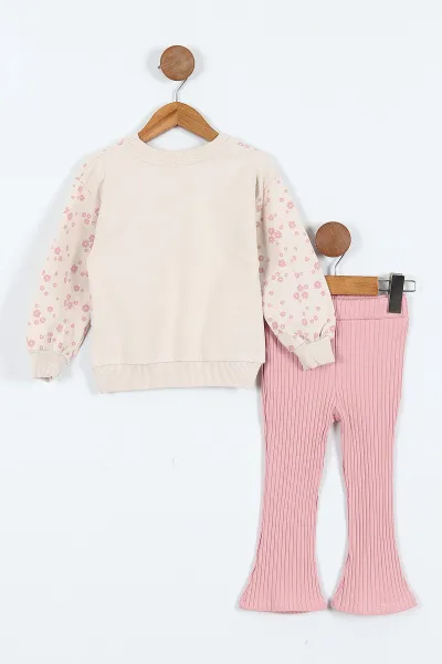 Pembe (1-5 Yaş)Ayıcık Nakışlı    Baskılı Fitilli Taytlı Kız Çocuk Takım 414325 414908