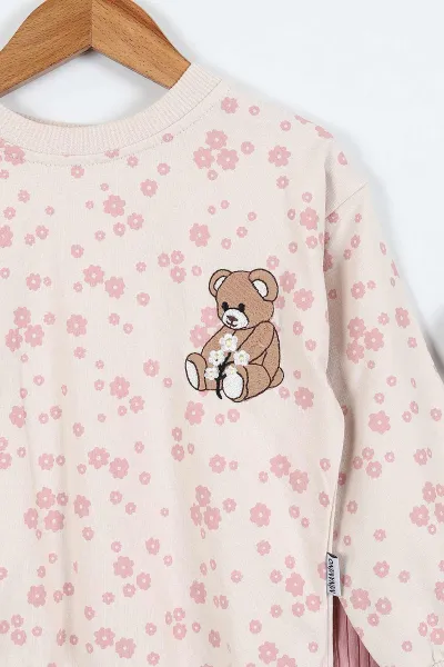 Pembe (1-5 Yaş)Ayıcık Nakışlı    Baskılı Fitilli Taytlı Kız Çocuk Takım 414325 414908