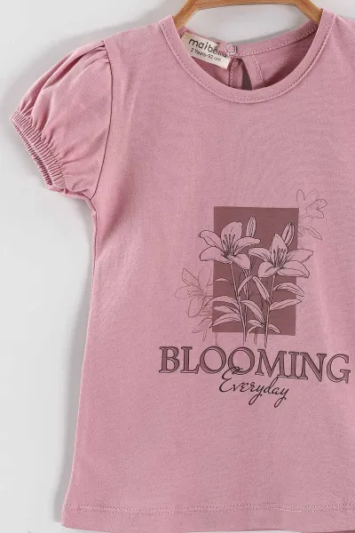 Pembe (1-5 Yaş)Blooming  Baskılı  Tişörtlü   Toka Aksesuarlı  Şortlu Kız Çocuk Yazlık Takım 439534