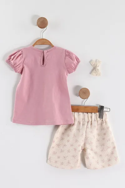Pembe (1-5 Yaş)Blooming  Baskılı  Tişörtlü   Toka Aksesuarlı  Şortlu Kız Çocuk Yazlık Takım 439534