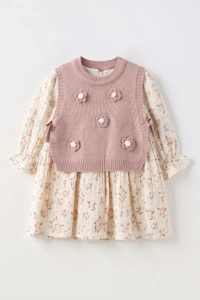 Pembe (1-5 Yaş)Çiçekli  Müslin  Elbiseli Çiçek Nakışlı Triko Yandan Bağlamalı  Süveterli Kız Çocuk Elbiseli Takım 501092
