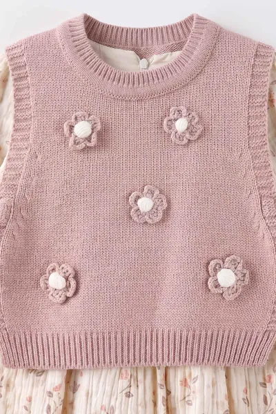 Pembe (1-5 Yaş)Çiçekli  Müslin  Elbiseli Çiçek Nakışlı Triko Yandan Bağlamalı  Süveterli Kız Çocuk Elbiseli Takım 501092