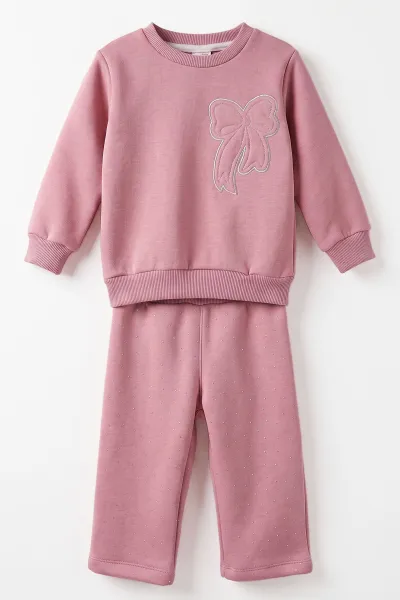 Pembe (1-5  Yaş)Fiyonk Nakışlı Altı Taşlı 3 İp Şardonlu Kız Çocuk Kışlık Takım 500300