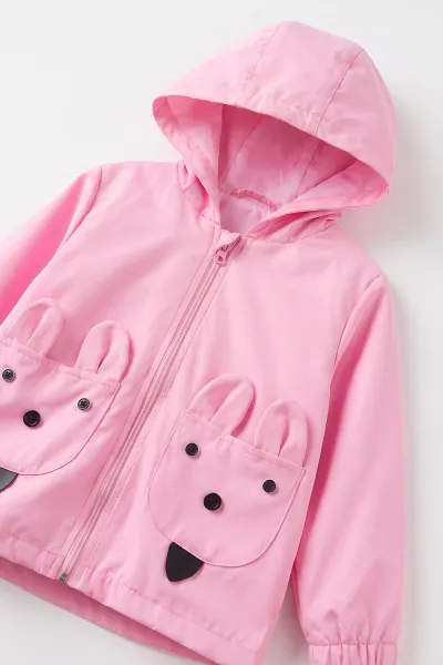 Pembe (1-5 Yaş)Kapüşonlu Cebi Gözlü Bondit Kumaş Kız Bebek&Çocuk Mont 499303