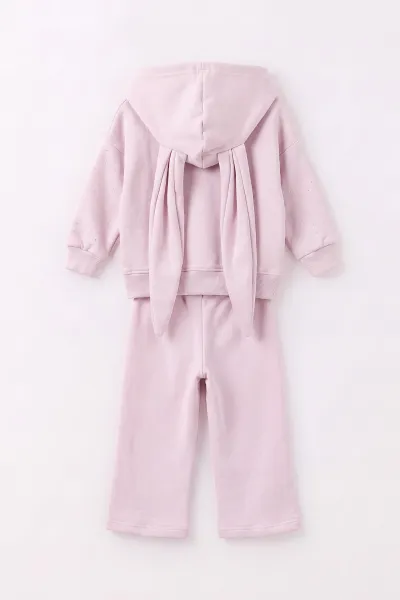 Pembe (1-5 Yaş)Kapüşonu Kulaklı Taş Baskılı Hırkalı 3 İp Şardonlu Kız Çocuk Kışlık Takım 499258
