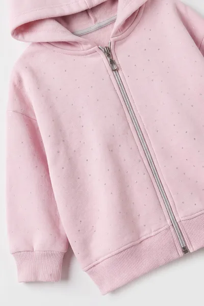 Pembe (1-5 Yaş)Kapüşonu Kulaklı Taş Baskılı Hırkalı 3 İp Şardonlu Kız Çocuk Kışlık Takım 499258