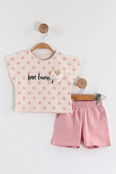 Pembe (1-5 Yaş)Puantiye Baskılı Aksesuarlı  Şortlu Kız Çocuk  Yazlık Takım 436699