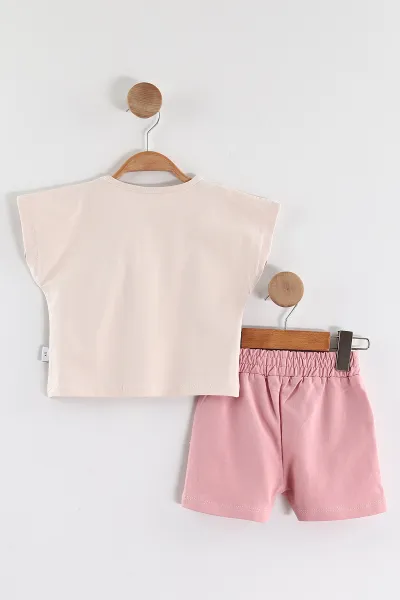 Pembe (1-5 Yaş)Puantiye Baskılı Aksesuarlı  Şortlu Kız Çocuk  Yazlık Takım 436699
