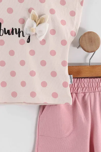 Pembe (1-5 Yaş)Puantiye Baskılı Aksesuarlı  Şortlu Kız Çocuk  Yazlık Takım 436699