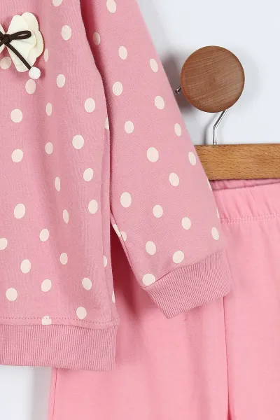 Pembe (1-5 Yaş)Puantiye Desen  Kapüşonlu ve Fermuarlı Bol Paça Kız Çocuk 2'li Takım 418451