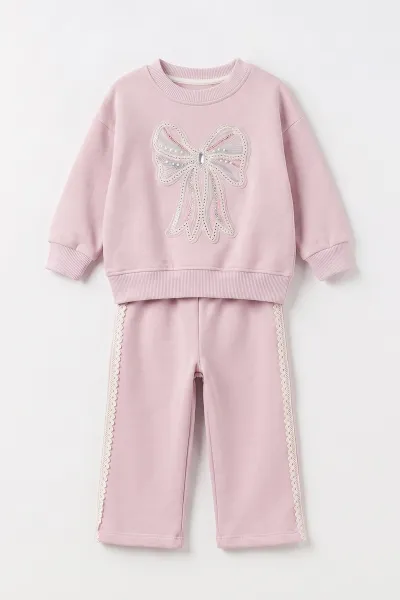 Pembe (1-5 Yaş)Pul Fiyonklu Nakışlı 3 İp Şardonlu Kız Çocuk Kışlık Takım 498063