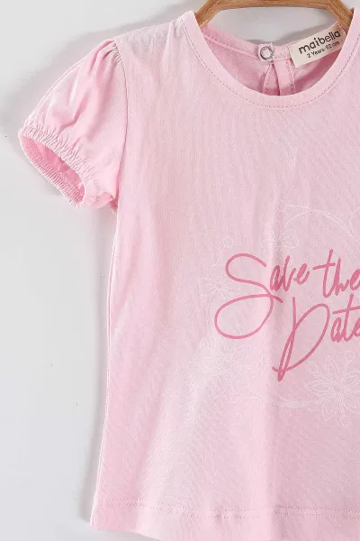 Pembe (1-5 Yaş)Save The Data Baskılı Tişörtlü   Toka Aksesuarlı  Şortlu Kız Çocuk Yazlık Takım 439587