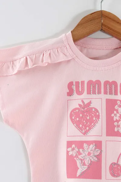 Pembe (1-5 Yaş)Taş Baskılı Fırfırlı Tişört ve Kot Şort Etekli  Kız Çocuk Takım 467159