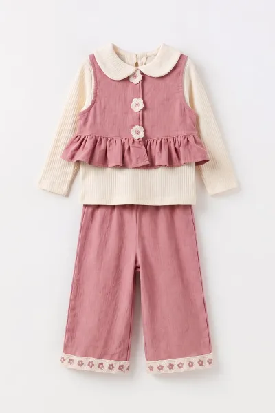 Pembe (1-5 Yaş)Üç Çiçek Nakışlı Kadife Yelek ve Pantolonlu Bebe Yaka Fitilli Badili  Kız Çocuk 3'lü Takım 496016