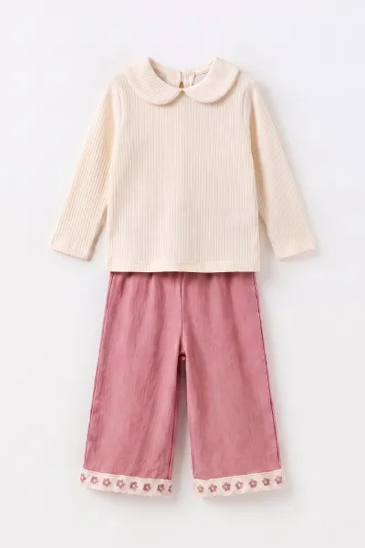 Pembe (1-5 Yaş)Üç Çiçek Nakışlı Kadife Yelek ve Pantolonlu Bebe Yaka Fitilli Badili  Kız Çocuk 3'lü Takım 496016
