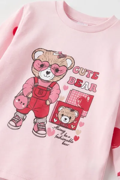 Pembe (1-6  Yaş ) Kalpli  Ayı Baskılı Penye Kız Bebek&Çocuk  Pijama Takım 500332