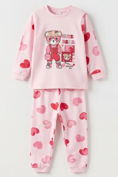 Pembe (1-6  Yaş ) Kalpli  Ayı Baskılı Penye Kız Bebek&Çocuk  Pijama Takım 500332