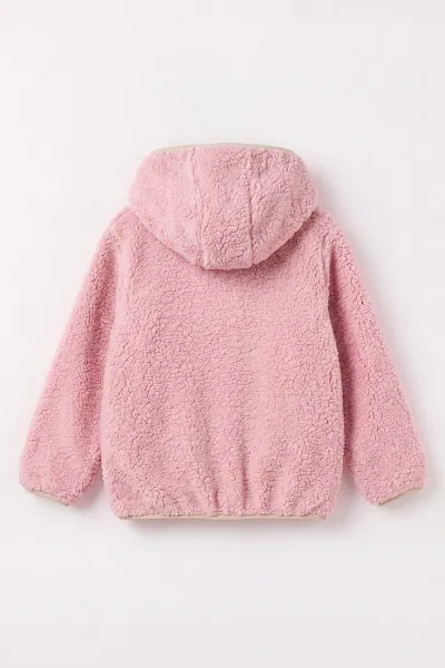Pembe (1-8 Yaş) Nakışlı Kapüşonlu Kanguru Cepli Yarım Fermuarlı Kuzu Kız &Bebek Çocuk Sweatshirt 496333