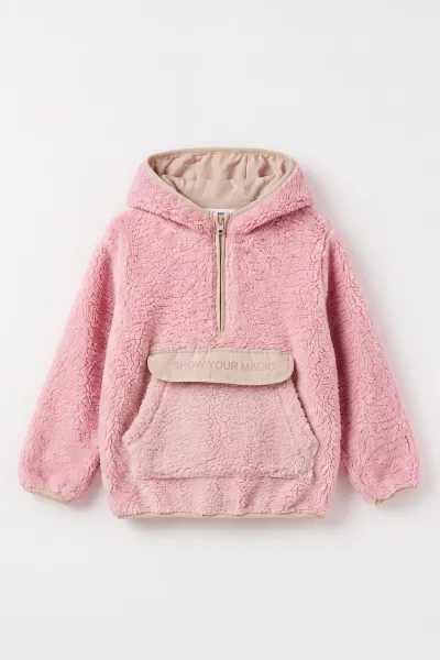 Pembe (1-8 Yaş) Nakışlı Kapüşonlu Kanguru Cepli Yarım Fermuarlı Kuzu Kız &Bebek Çocuk Sweatshirt 496333