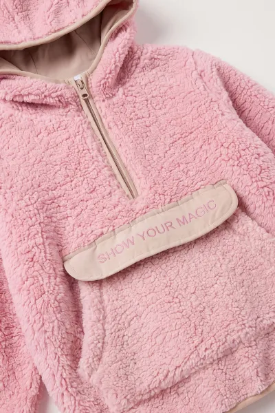Pembe (1-8 Yaş) Nakışlı Kapüşonlu Kanguru Cepli Yarım Fermuarlı Kuzu Kız &Bebek Çocuk Sweatshirt 496333
