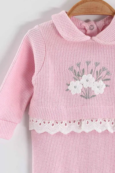 Pembe (1-9 Ay)Çiçek Nakışlı Fisto Detaylı Patikli Kız Bebek Tulum 434934