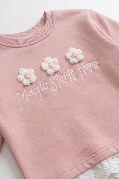 Pembe (1-9 Yaş) Çiçek Nakışlı Etek Ucu Güpürlü 3 İp Şardonlu Kız Çocuk Kışlık Takım 482817