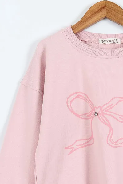 Pembe (1-9 Yaş) Fiyonk Baskılı Sweatli Kot Pantolonlu Kız Çocuk 2'li Takım 414825