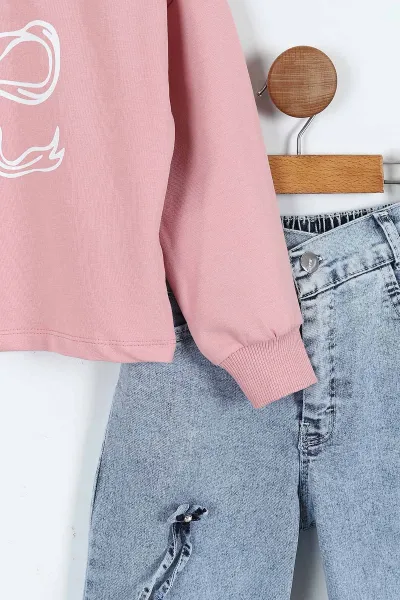 Pembe (1-9 Yaş) Fiyonk Baskılı Sweatli Kot Pantolonlu Kız Çocuk 2'li Tkaım 410315