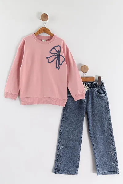 pembe-1-9-yas-fiyonk-nakisli-tasli-kot-pantolonlu-kiz-cocuk-2li-takim-438547