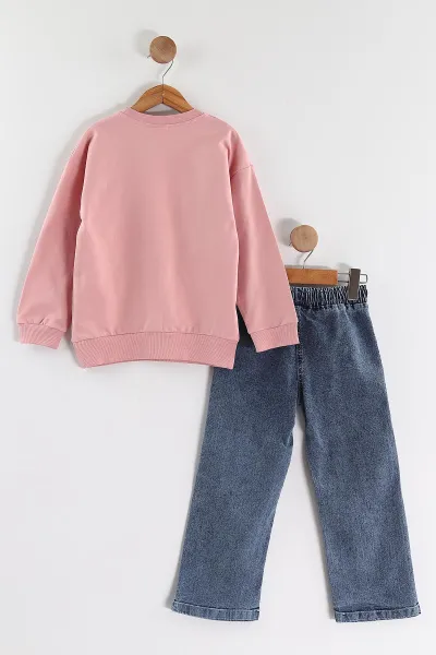 Pembe (1-9 Yaş)  Fiyonk Nakışlı Taşlı  Kot Pantolonlu Kız Çocuk 2'li Takım 438547