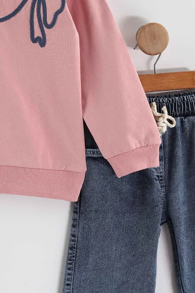 Pembe (1-9 Yaş)  Fiyonk Nakışlı Taşlı  Kot Pantolonlu Kız Çocuk 2'li Takım 438547
