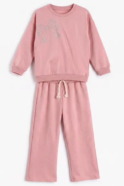 Pembe (1-9 Yaş) Fiyonklu Taş Baskılı  Bol Paça 2 İp Kız Çocuk Mevsimlik Takım 487347