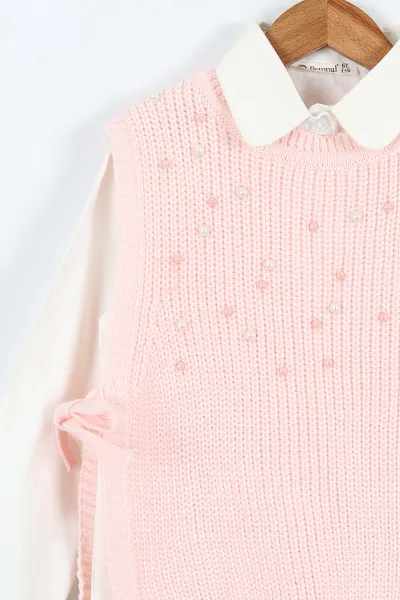 Pembe (1-9 Yaş)  Gömlekli  İncili Süveterli   Kot Pantolonlu Kız Çocuk 3'lü Takım 410321