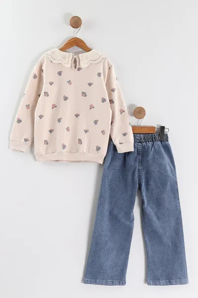 Pembe (1-9 Yaş ) Güpür Yaka  Sweatli Kot Pantolonlu Kız Çocuk 2'li Takım 440121