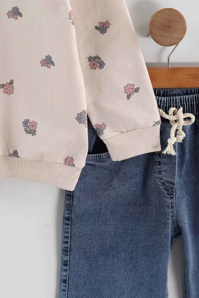 Pembe (1-9 Yaş ) Güpür Yaka  Sweatli Kot Pantolonlu Kız Çocuk 2'li Takım 440121